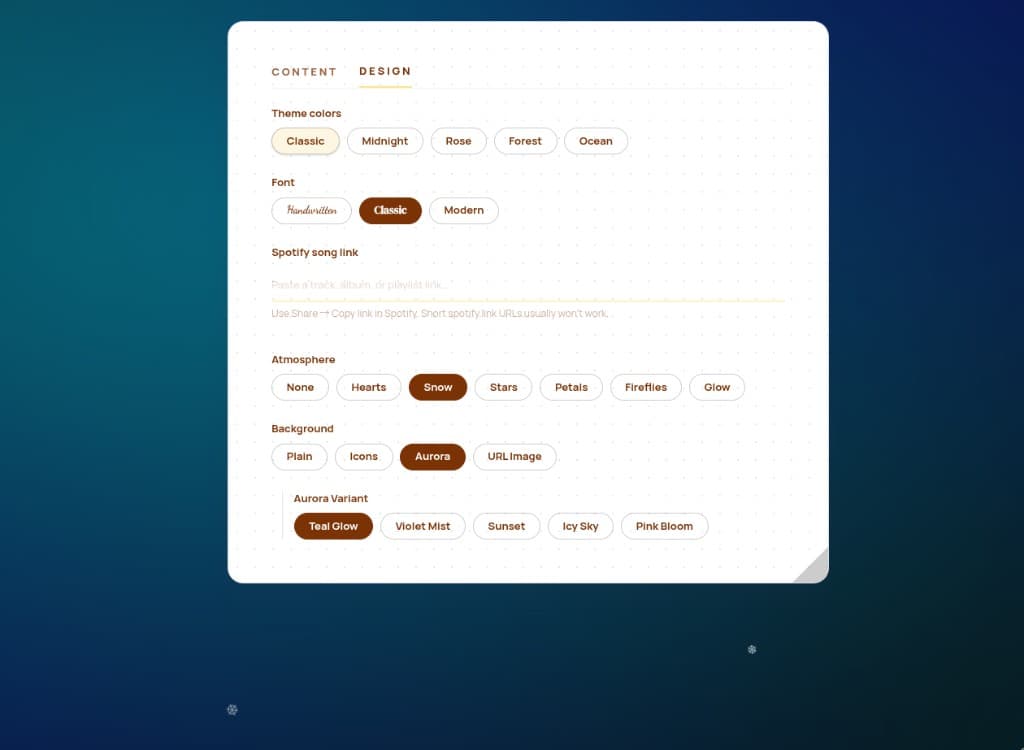 Design tab with an aurora background variant and snow particles