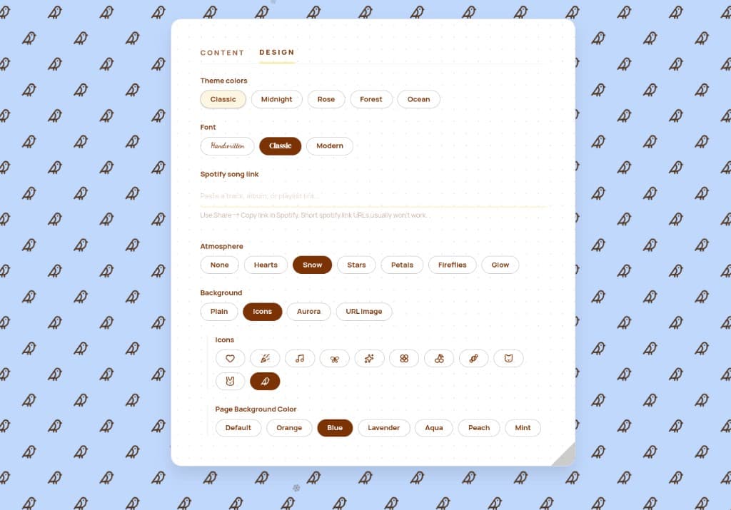 Design tab with an icon pattern background and a blue page color
