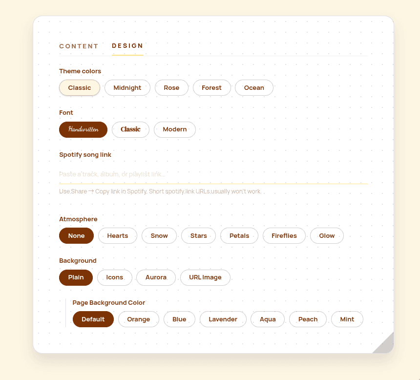 Design tab with theme, font, Spotify, particles, and page background color